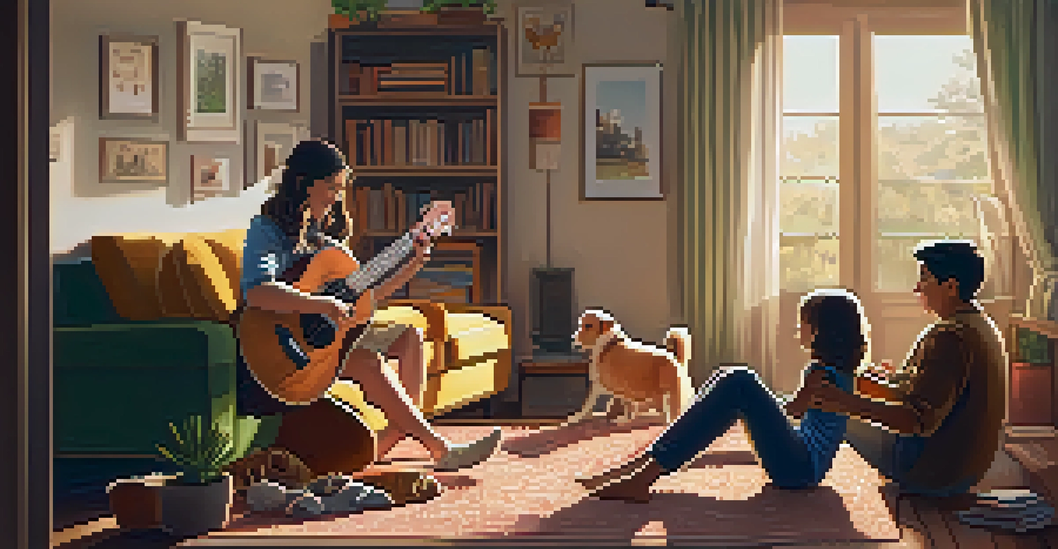 A parent and child in a cozy living room, playing a ukulele together, with warm light and a pet dog nearby.