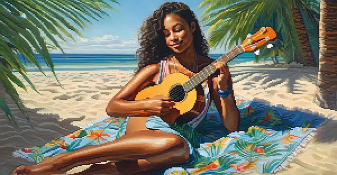 A young woman playing a ukulele on a beach blanket surrounded by tropical elements.