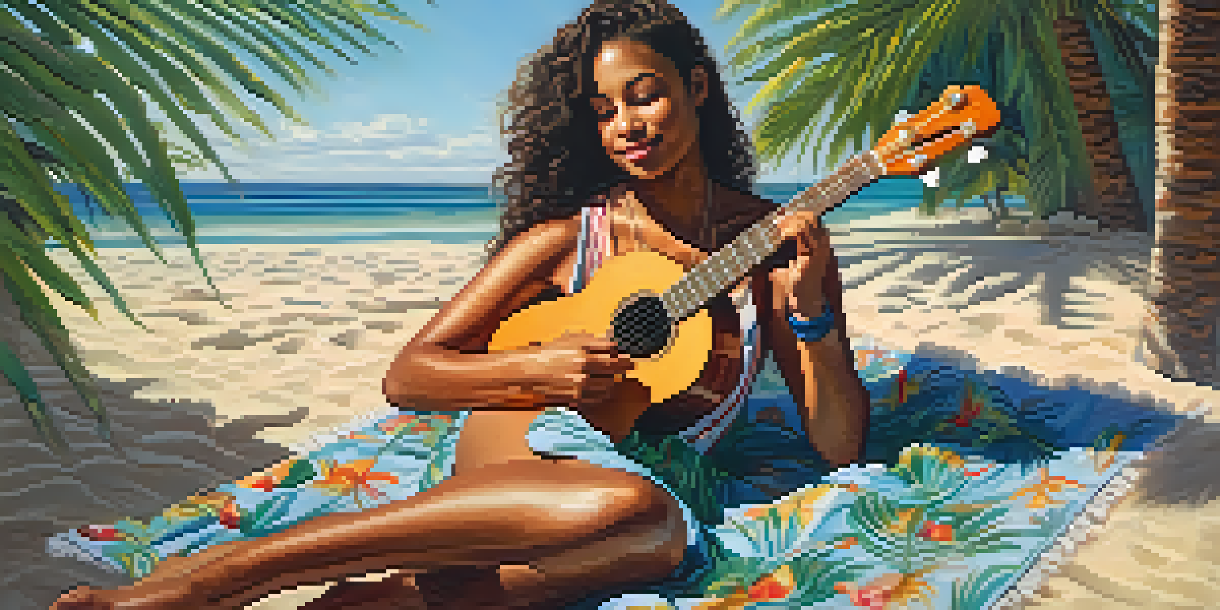 A young woman playing a ukulele on a beach blanket surrounded by tropical elements.