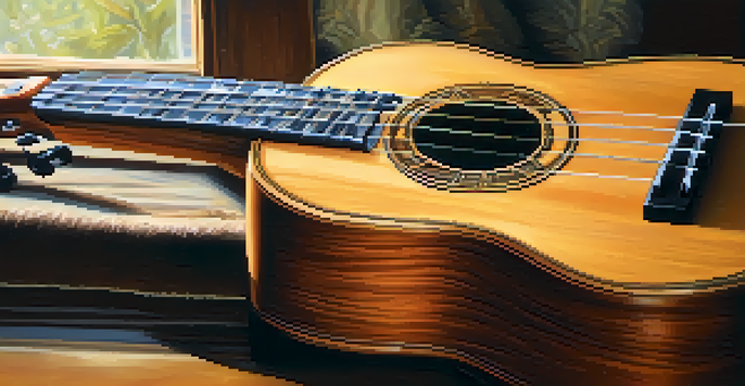 A close-up image of a ukulele with a hand gently touching the strings, illuminated by soft natural light, showcasing the instrument's wooden texture.