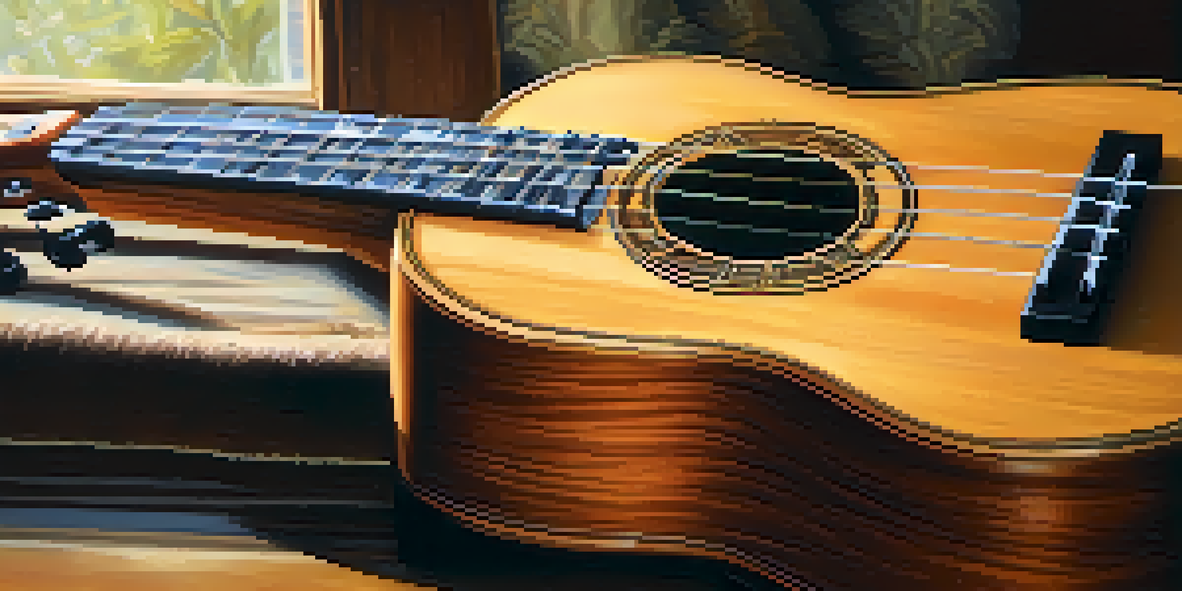 A close-up image of a ukulele with a hand gently touching the strings, illuminated by soft natural light, showcasing the instrument's wooden texture.