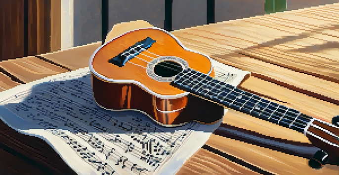 A colorful ukulele on a wooden table with sheet music and a coffee cup, illuminated by warm sunlight.
