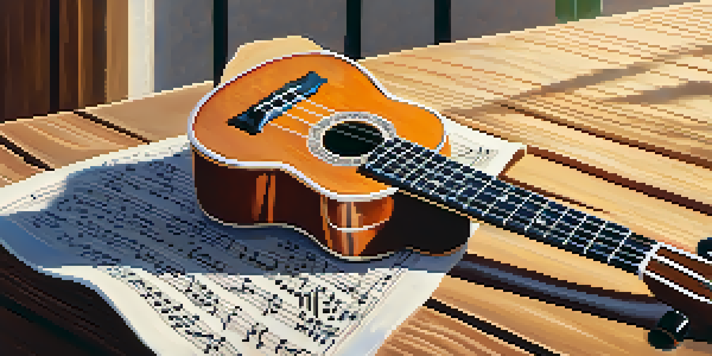 A colorful ukulele on a wooden table with sheet music and a coffee cup, illuminated by warm sunlight.