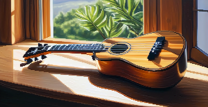 A ukulele on a wooden table bathed in natural light, showcasing its wood grain and shiny strings, with blurred plants in the background.