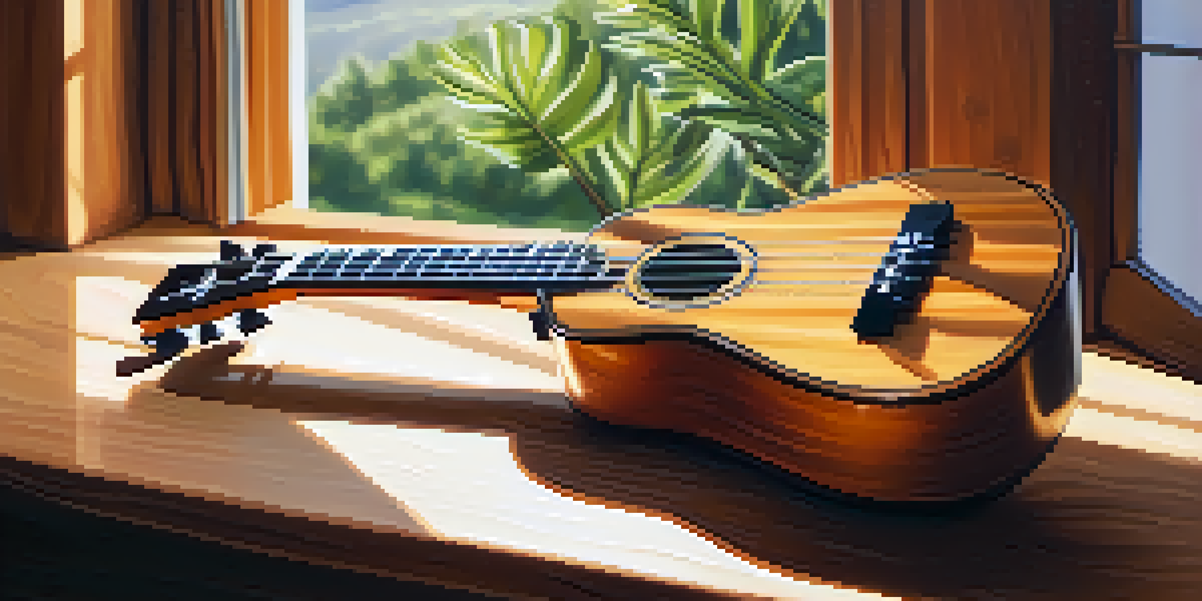 A ukulele on a wooden table bathed in natural light, showcasing its wood grain and shiny strings, with blurred plants in the background.