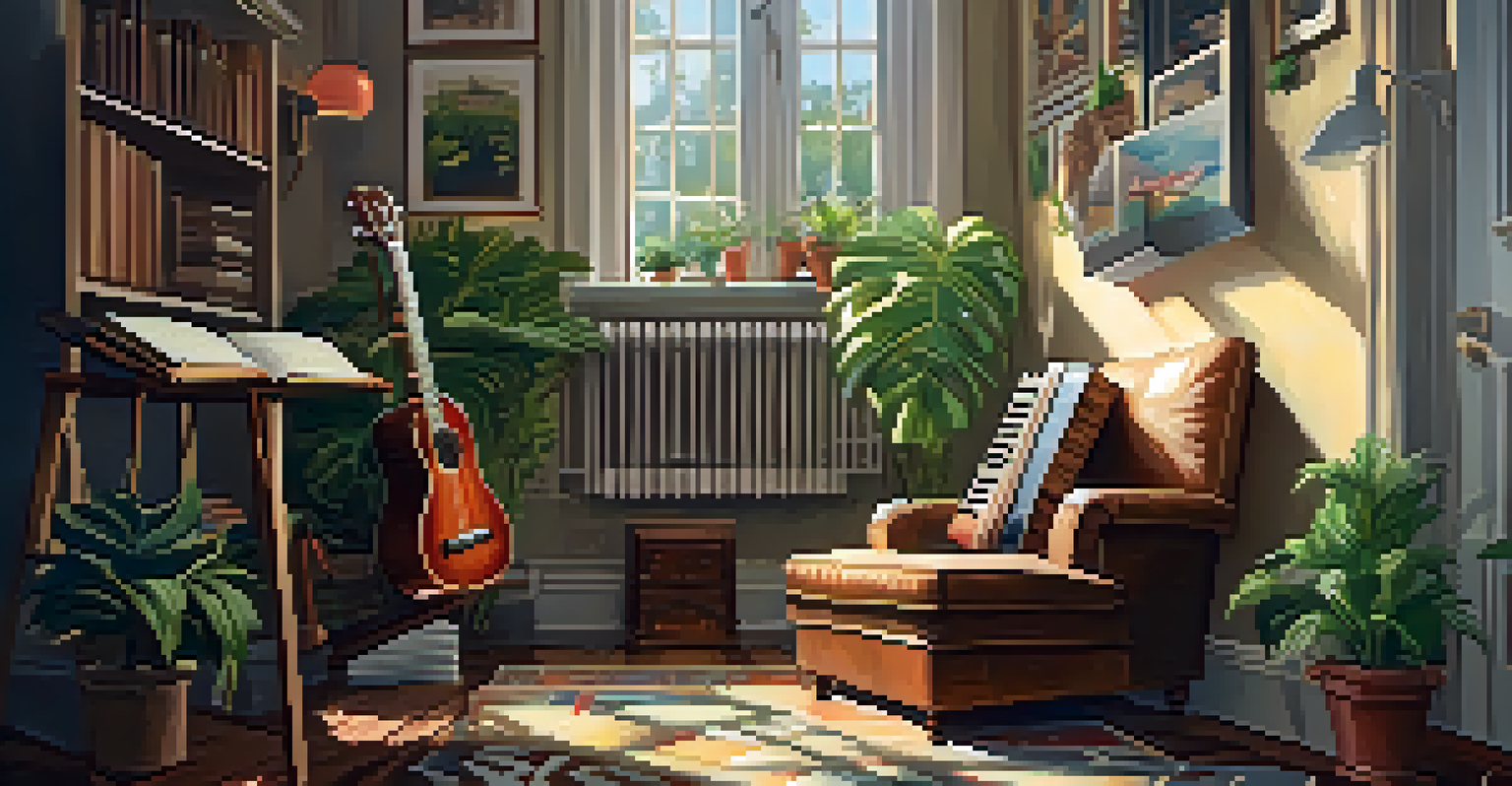 An open music book with scales and a capo on a ukulele in a cozy room filled with plants.