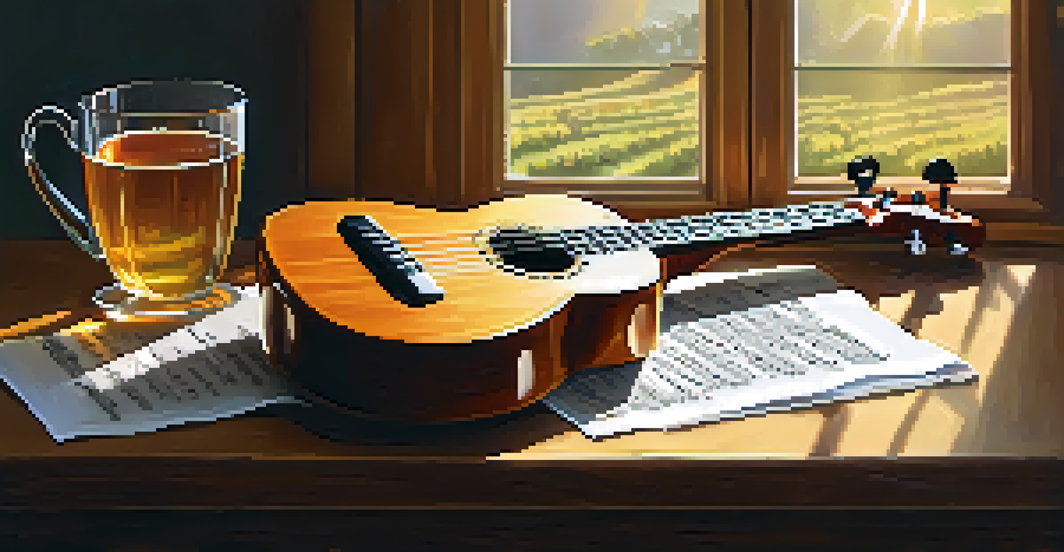 A close-up of a wooden ukulele on a rustic table, illuminated by warm sunlight, with sheet music and a cup of herbal tea nearby.
