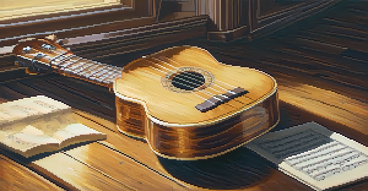 A close-up of a beautifully carved ukulele on a wooden table, with sheet music around it and hands gently touching the strings.