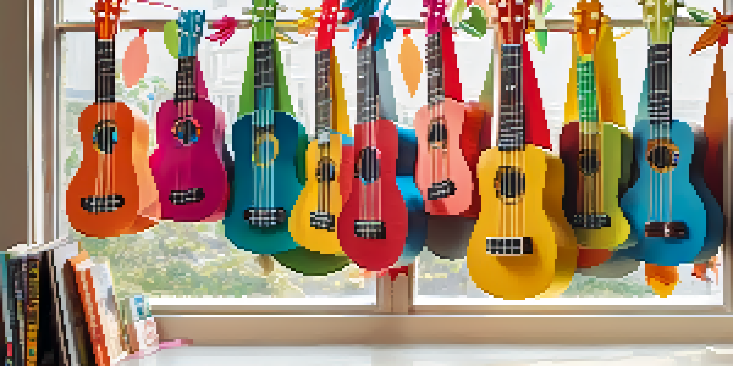 A colorful ukulele garland made from cardstock is hanging in a bright room, decorated with various designs and illuminated by soft natural light.