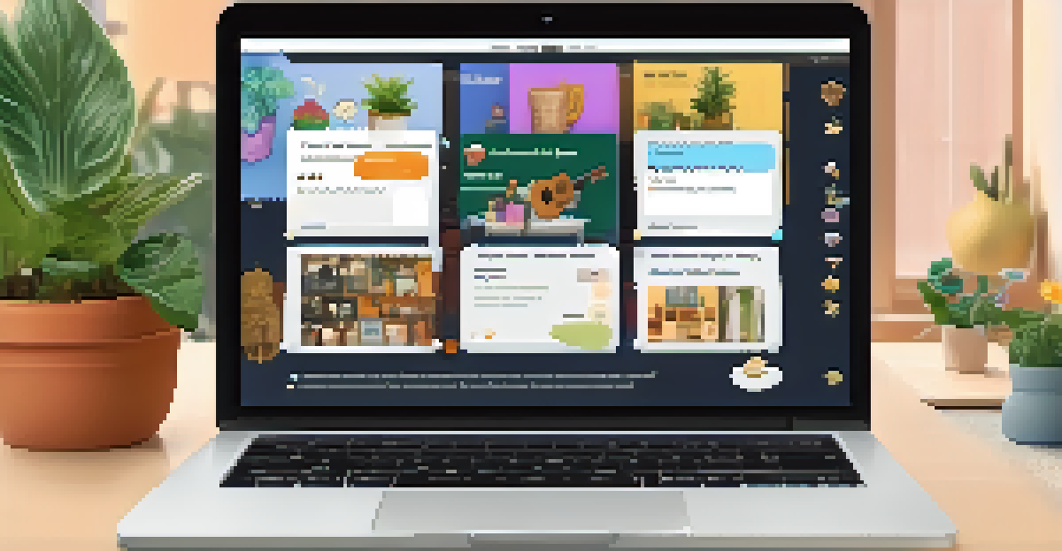 A laptop screen displaying an online ukulele forum with colorful avatars and friendly comments, set in a comfortable workspace.