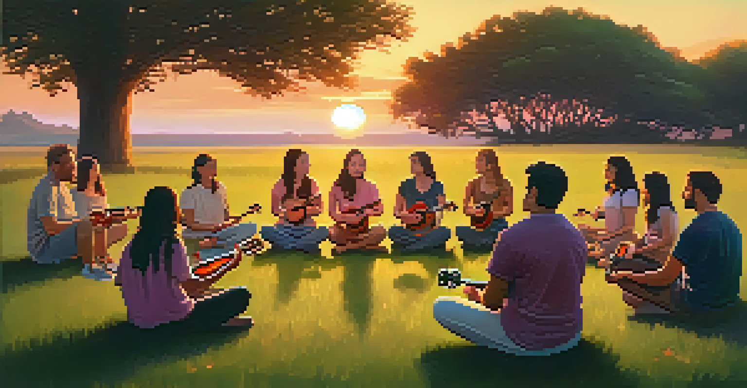 A group of people meditating and playing ukuleles in a circle on a grassy field during sunset.