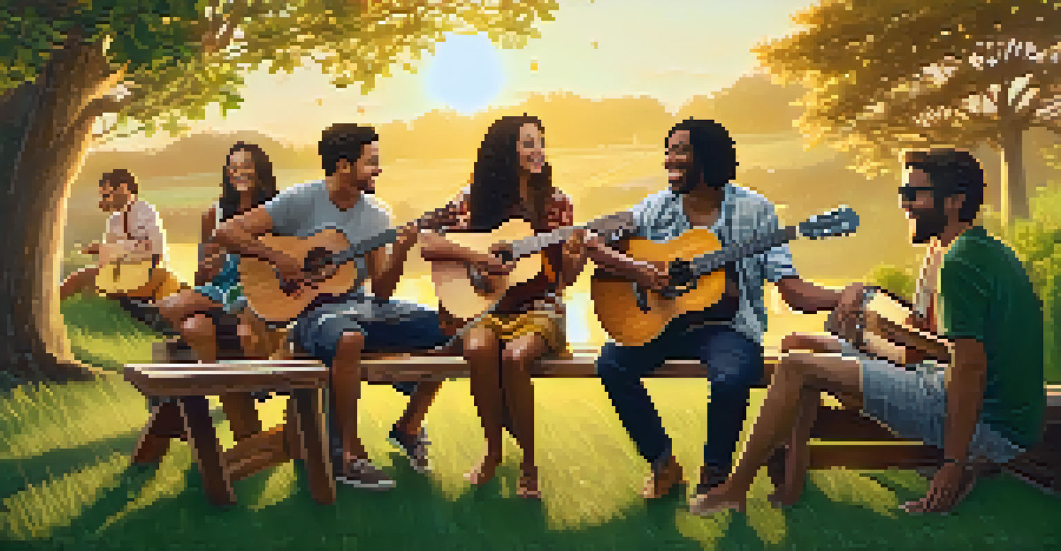 A diverse group of friends playing ukuleles together at a picnic table under twinkling fairy lights.
