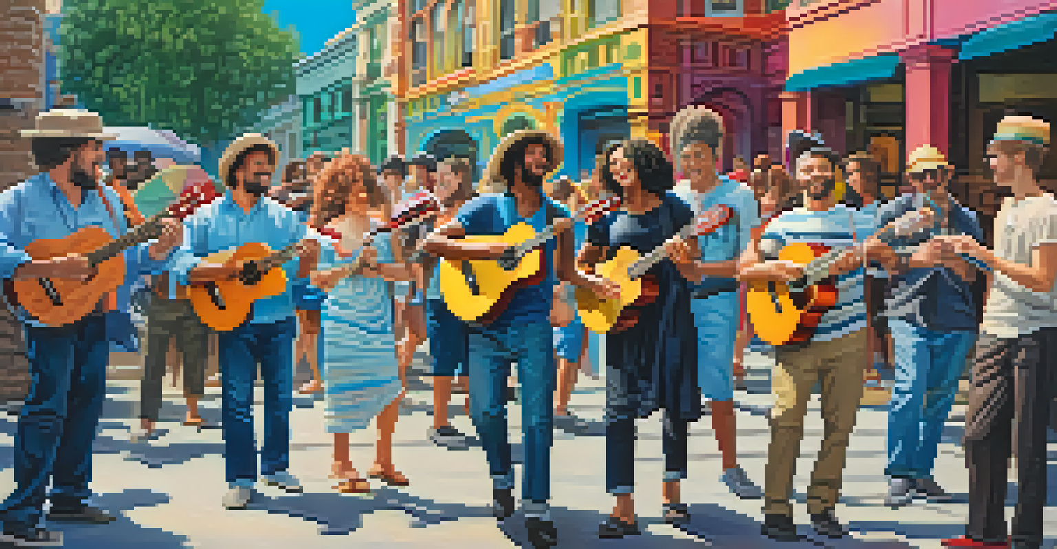 A lively street performance featuring diverse musicians playing ukuleles in front of a colorful mural, with people enjoying the music.