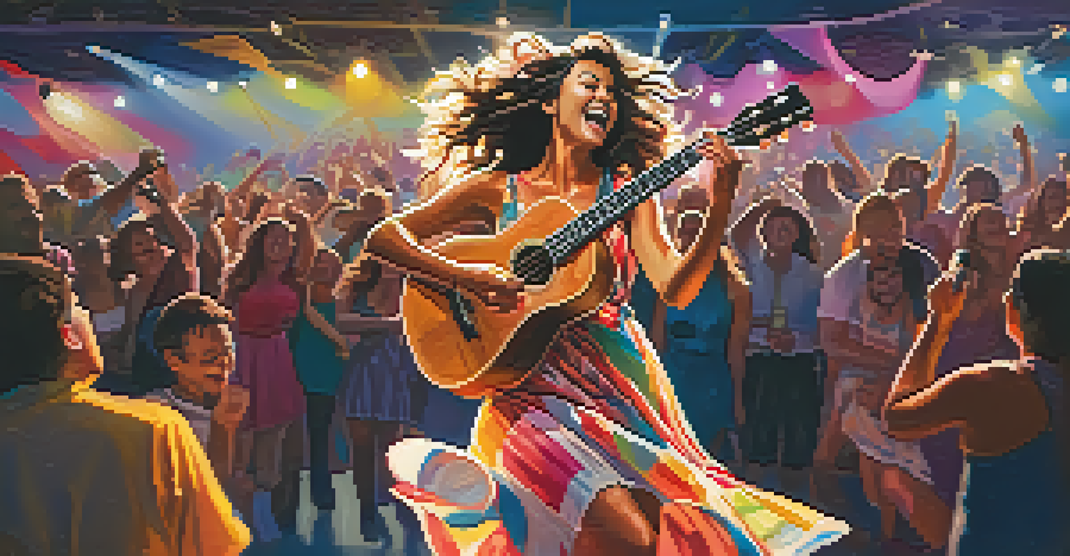 A female ukulele player performing on stage, engaging with an enthusiastic crowd under bright lights.