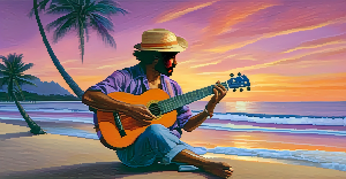 A musician on a beach at sunset playing a ukulele, with colorful sky and palm trees.
