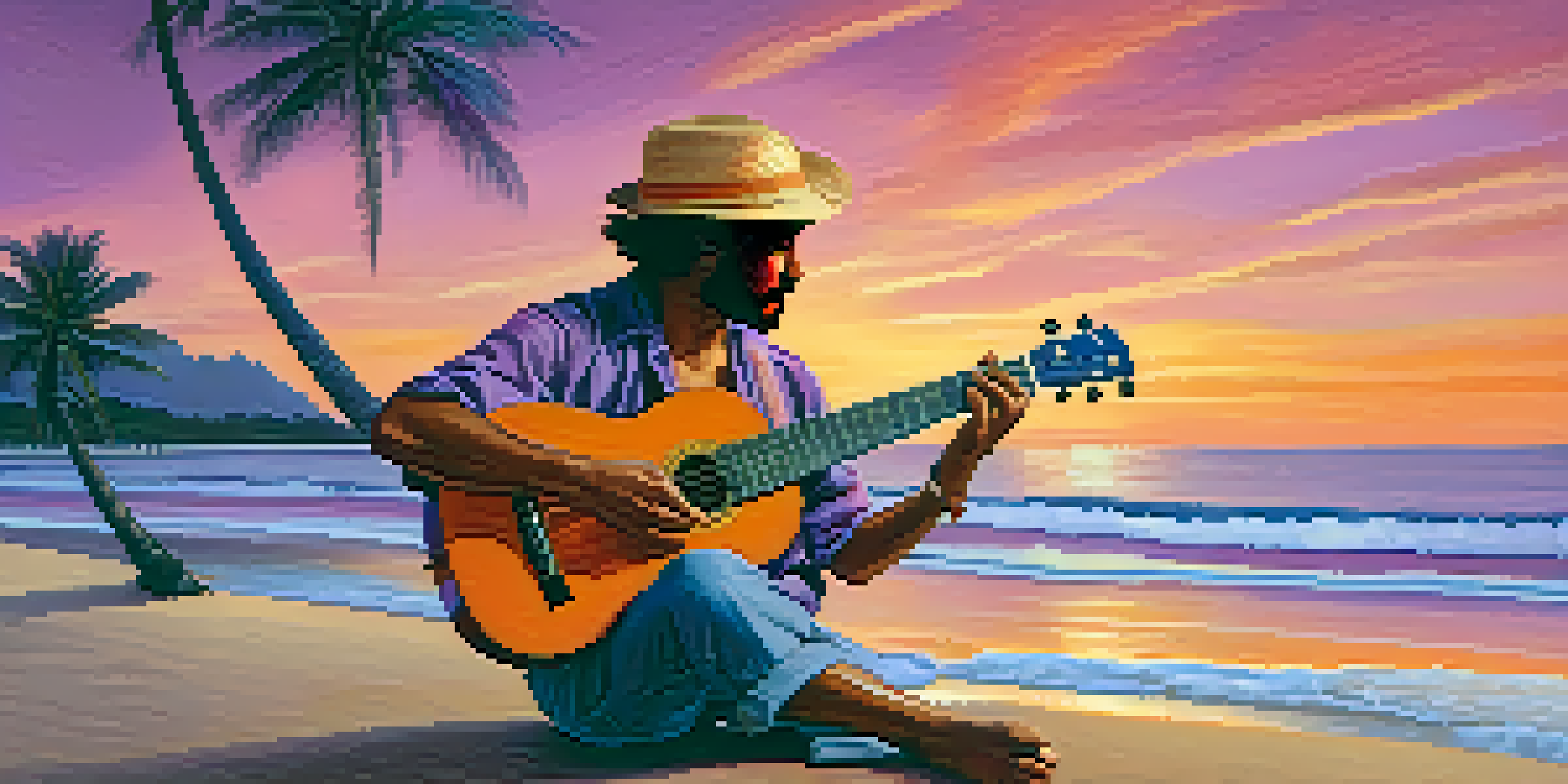 A musician on a beach at sunset playing a ukulele, with colorful sky and palm trees.