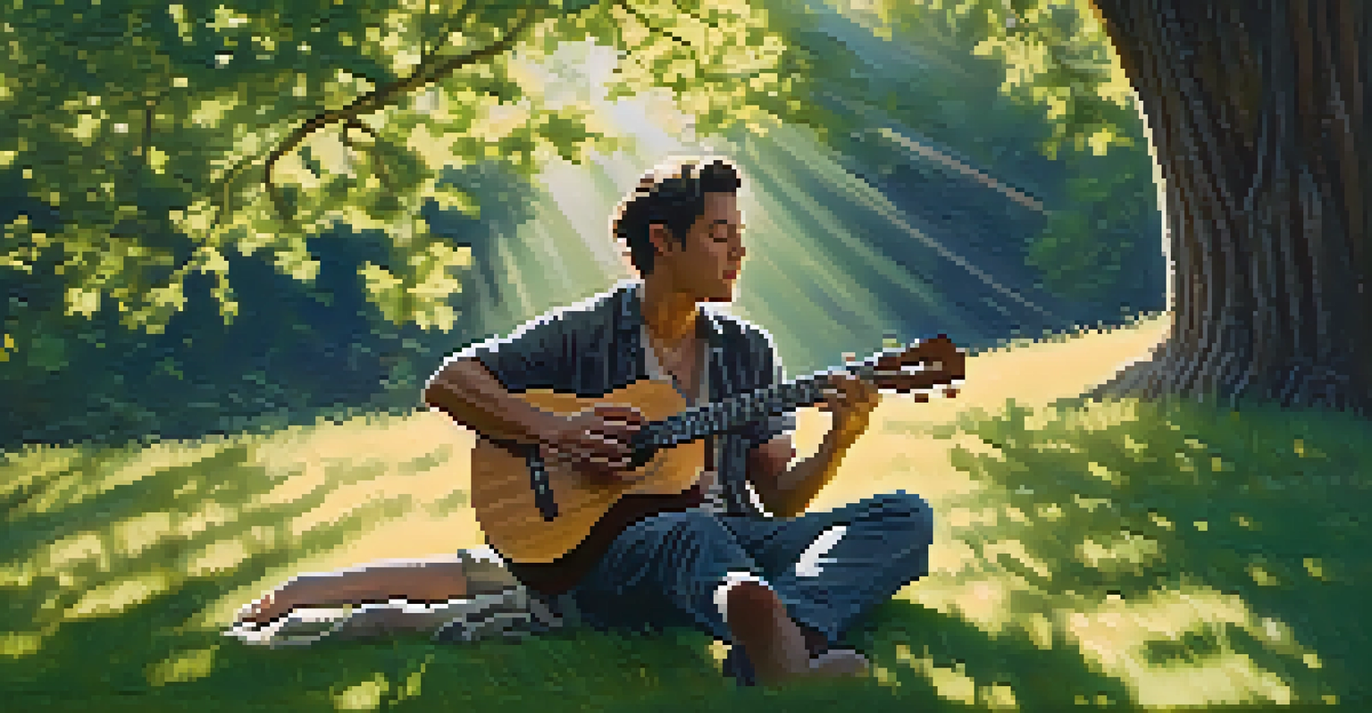 A musician playing a ukulele on a grassy hill, with sunlight filtering through the trees.