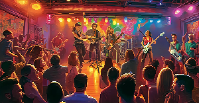 A lively concert scene with a band playing dance-punk music on stage, featuring a lead singer playing a ukulele, with an energetic crowd dancing and colorful lights.