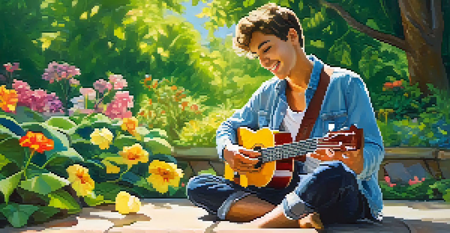 A young musician playing a concert ukulele outdoors in a sunny garden filled with greenery and flowers, conveying a joyful mood.