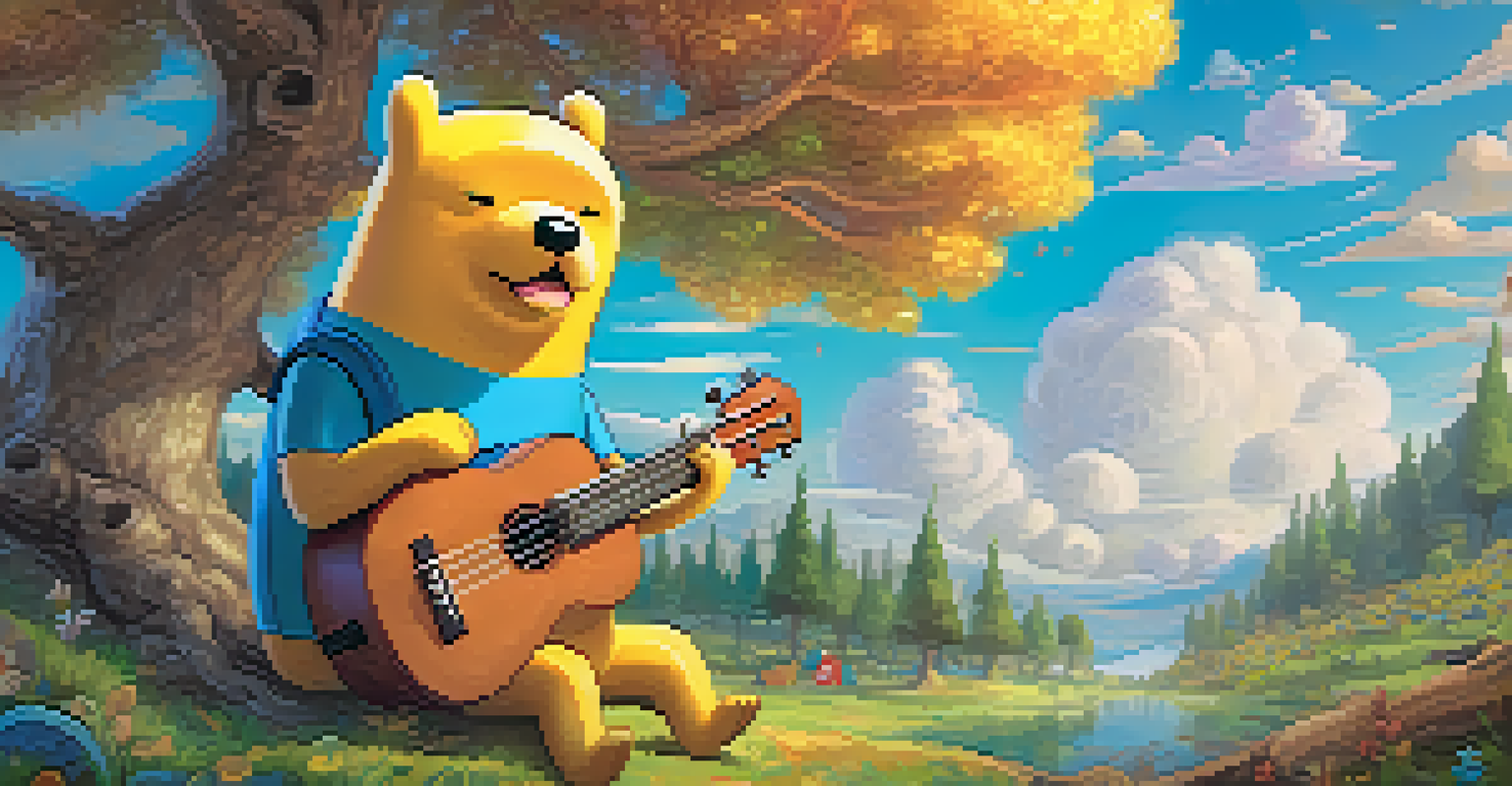 Jake the Dog from Adventure Time playing his ukulele under a colorful tree, with Finn the Human beside him.