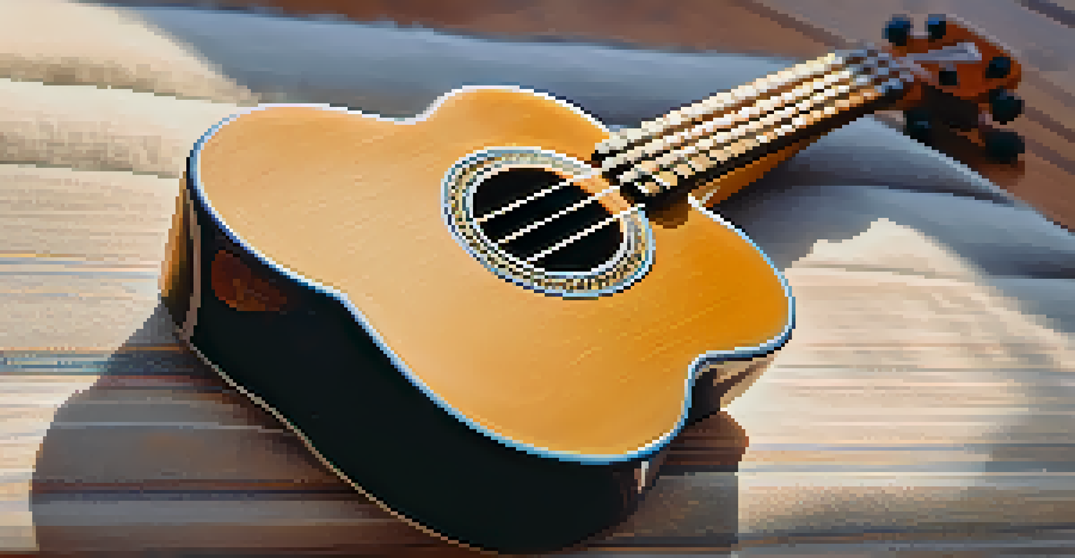A close-up of a ukulele on a yoga mat with soft sunlight, while people practice yoga in the background.