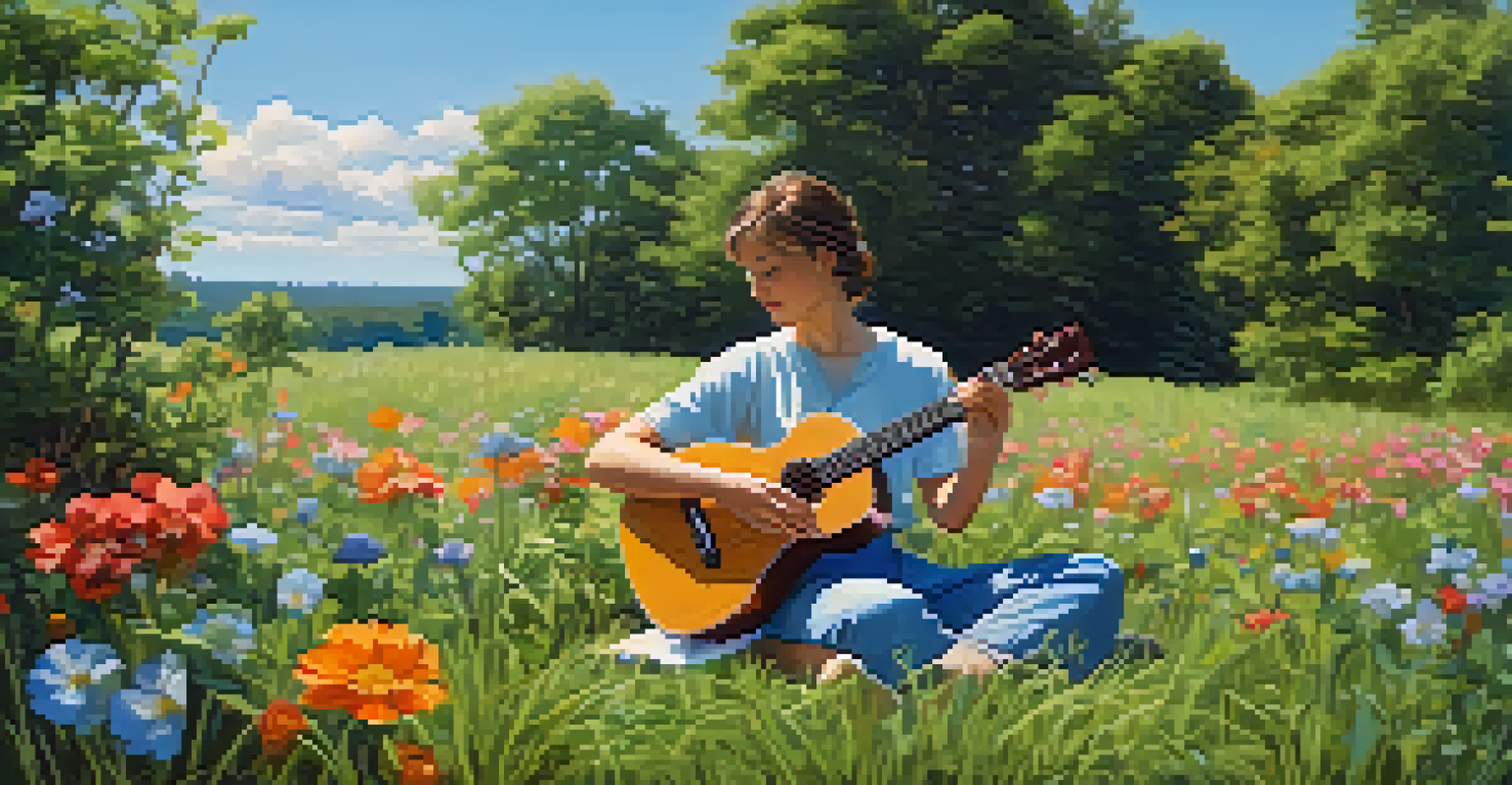 A person in a grassy field tuning their ukulele, with colorful flowers and trees around them, and a bright blue sky above.