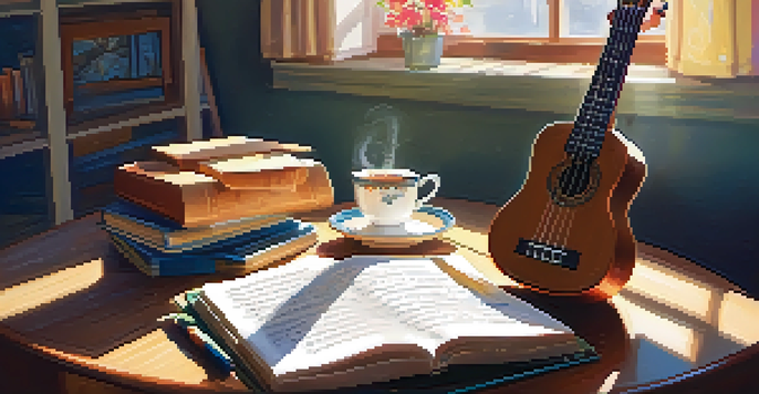 A warm and cozy room with a ukulele on a wooden table, a notebook with lyrics, and a steaming cup of tea, illuminated by soft sunlight.