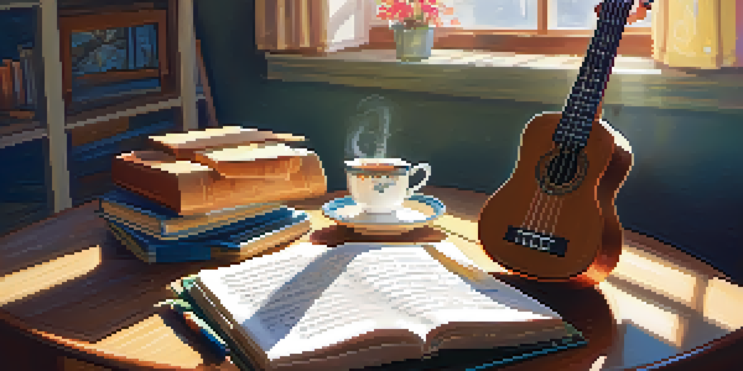 A warm and cozy room with a ukulele on a wooden table, a notebook with lyrics, and a steaming cup of tea, illuminated by soft sunlight.