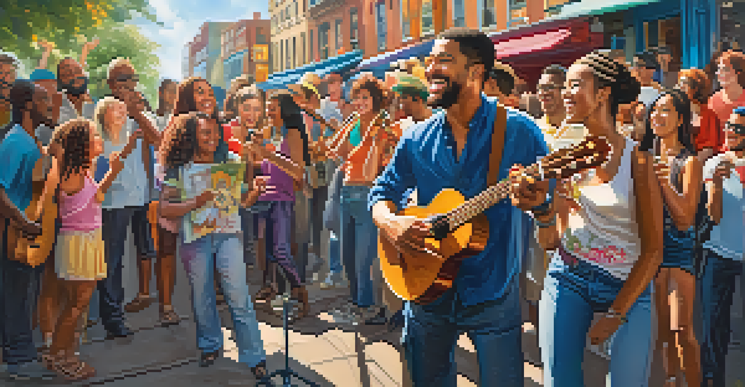 A group of musicians performing on the street, with a man playing a ukulele and a lively crowd enjoying the music.