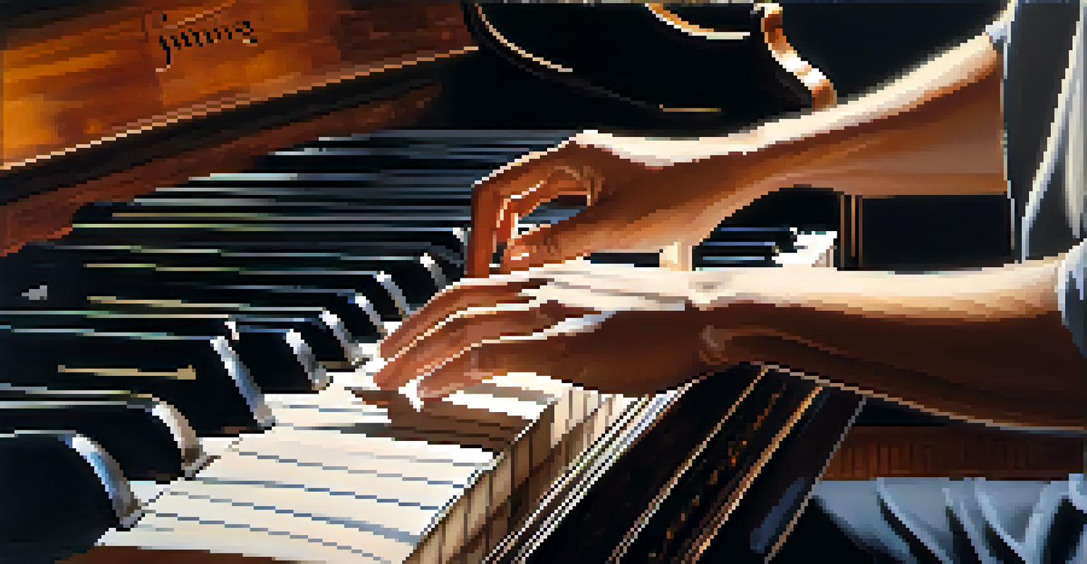 Close-up of hands playing piano chords with sheet music in the background, and a blurred ukulele.