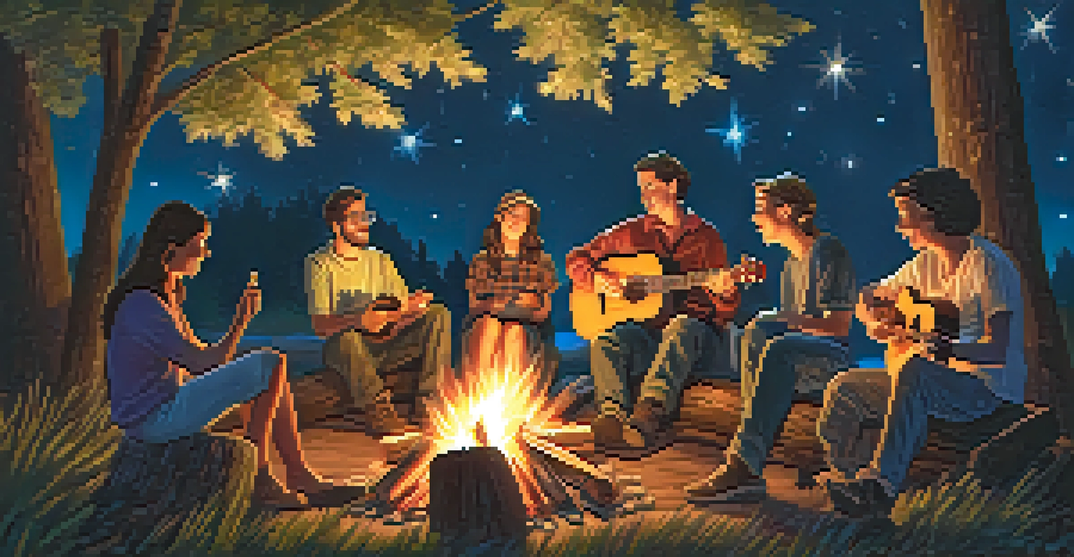 A group of friends sitting around a campfire, with one person playing a ukulele under a starry sky.