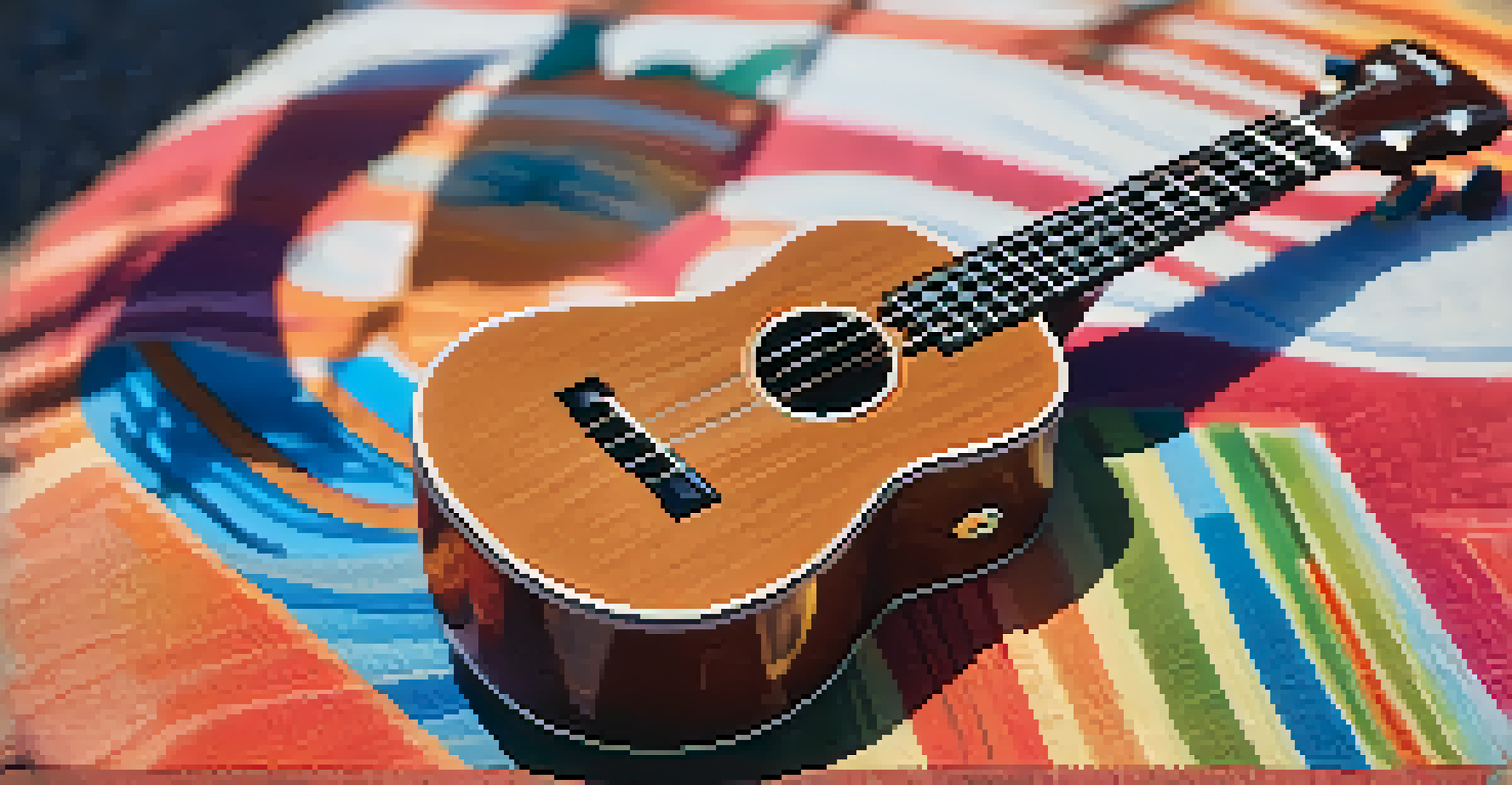 A close-up of a ukulele on a colorful yoga mat with blurred silhouettes of people practicing yoga in the background.