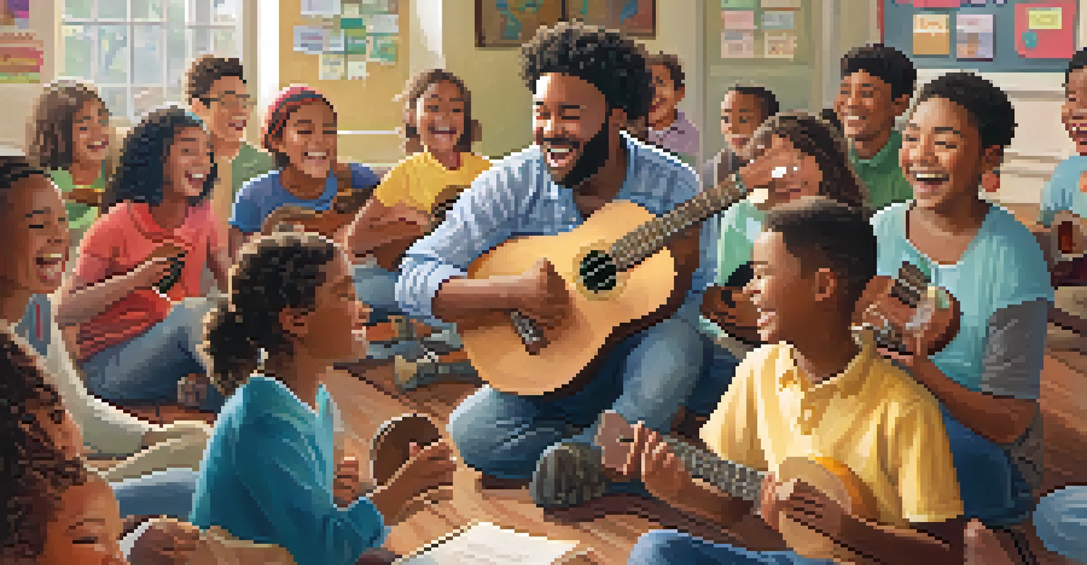 A diverse group of learners sitting in a circle with ukuleles, singing and smiling. One learner is performing in the center, with vocabulary cards scattered around.