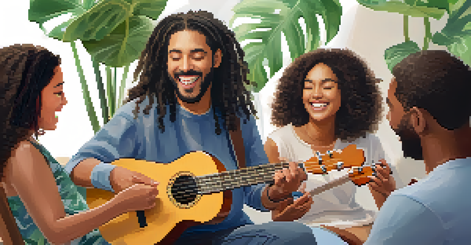 A diverse group of people playing ukuleles together in a bright space, showcasing joy and connection during music therapy.
