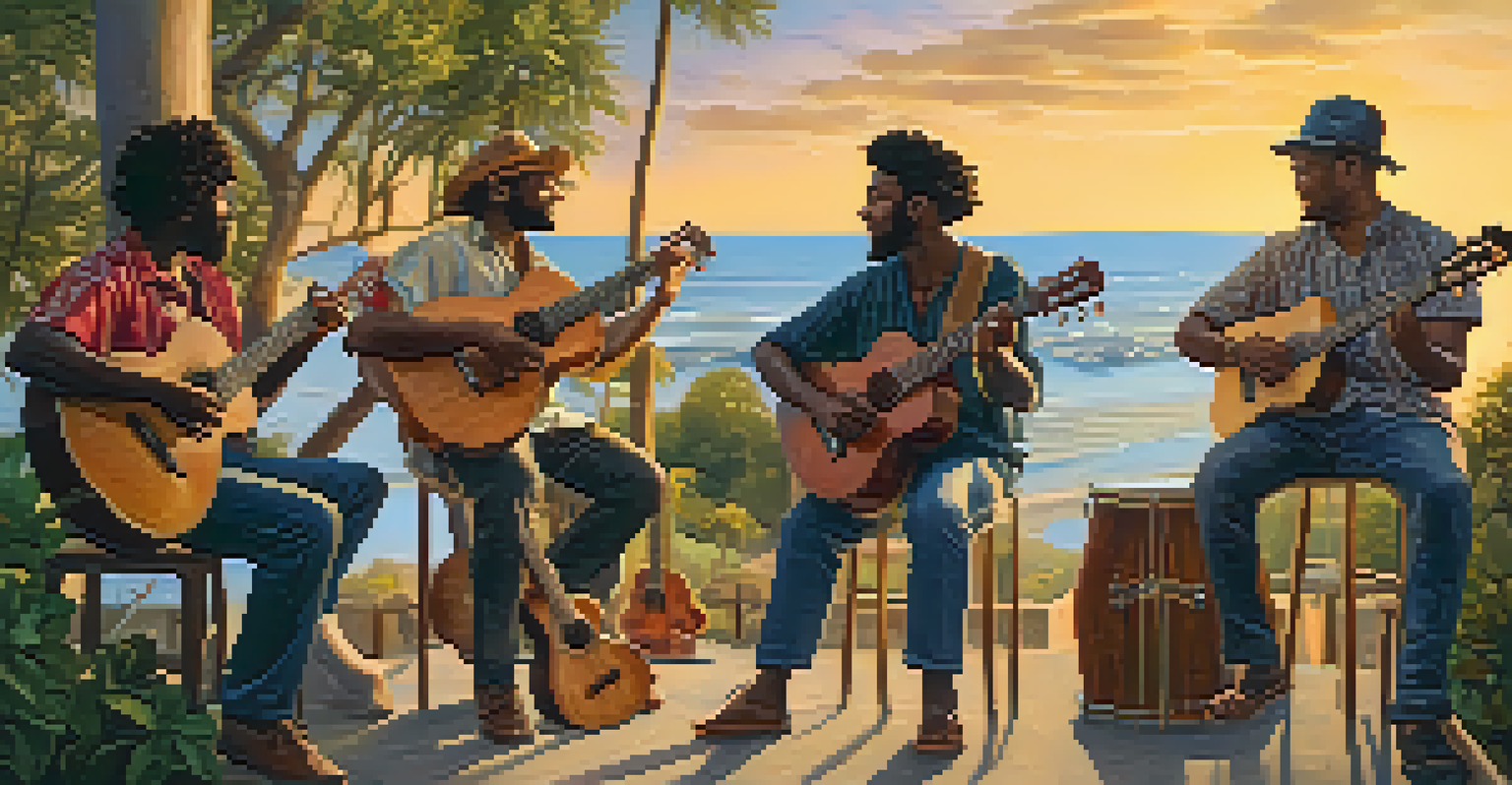 A diverse group of musicians playing together outdoors, with a ukulele player in the foreground, against a backdrop of a sunset.