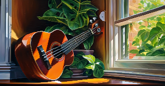 A colorful ukulele with a capo on the second fret, illuminated by soft sunlight, resting on a wooden table with a blurred garden background.