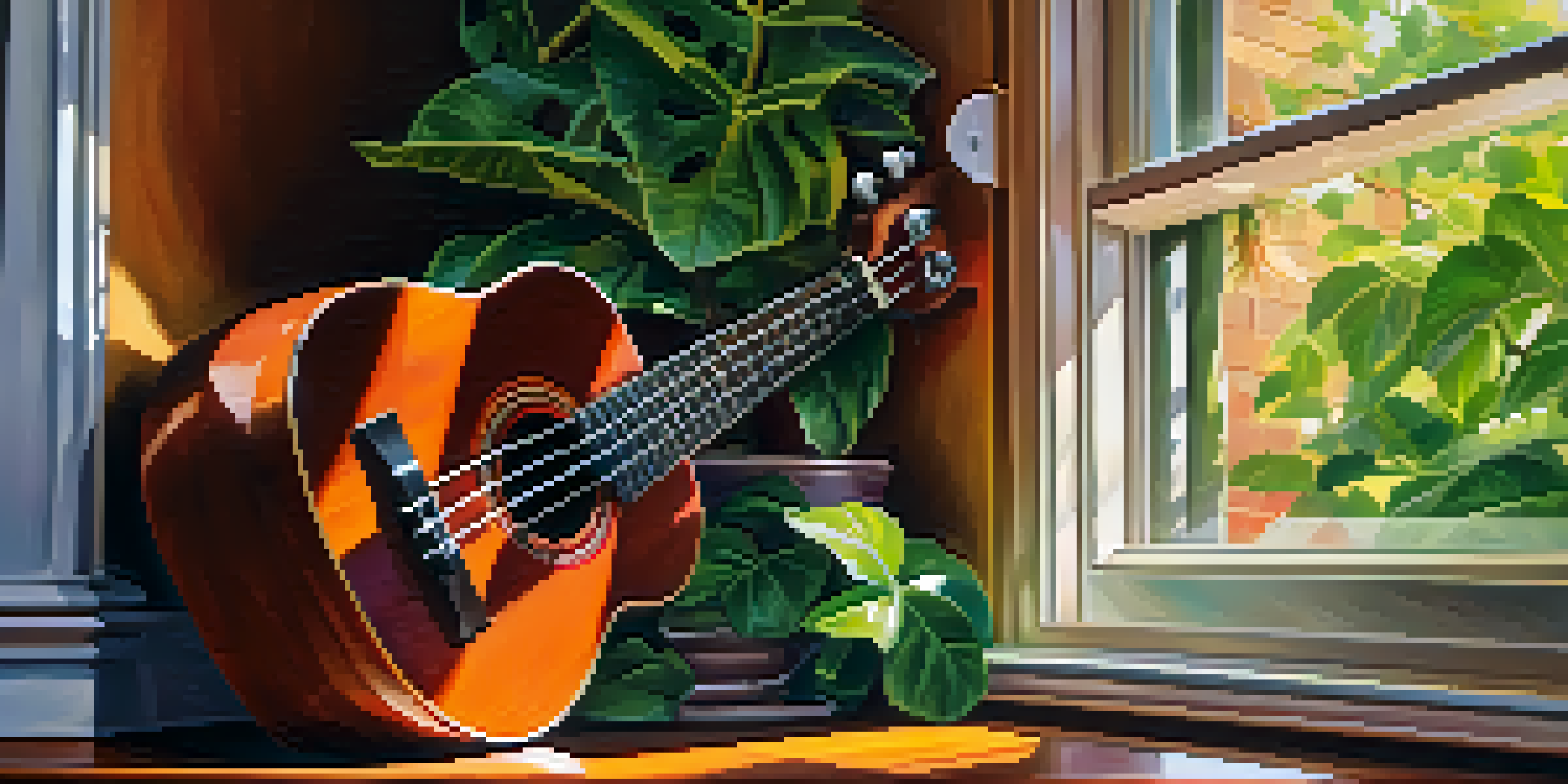 A colorful ukulele with a capo on the second fret, illuminated by soft sunlight, resting on a wooden table with a blurred garden background.