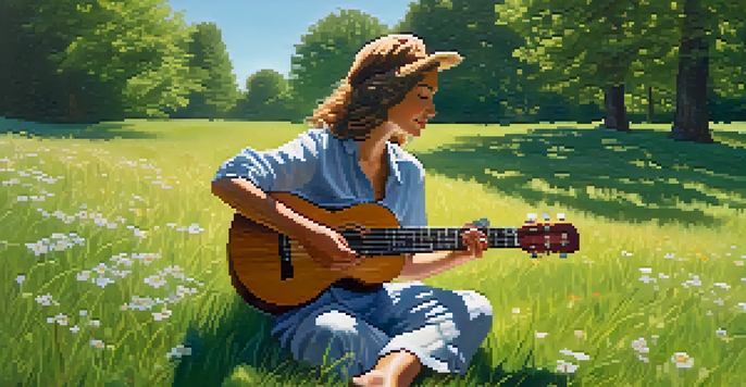 A person playing a ukulele on a grassy hill, with sunlight filtering through trees and wildflowers around them.