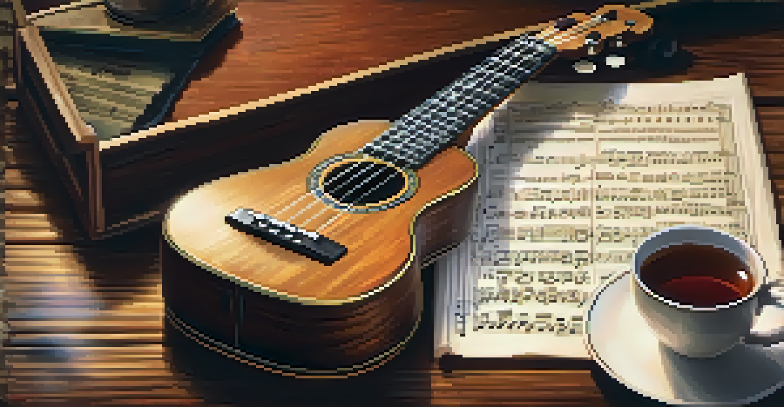 Close-up of a ukulele on a wooden table with music sheets and a cup of tea.