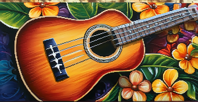 A close-up view of a painted ukulele with floral designs on a wooden surface, illuminated by sunlight.