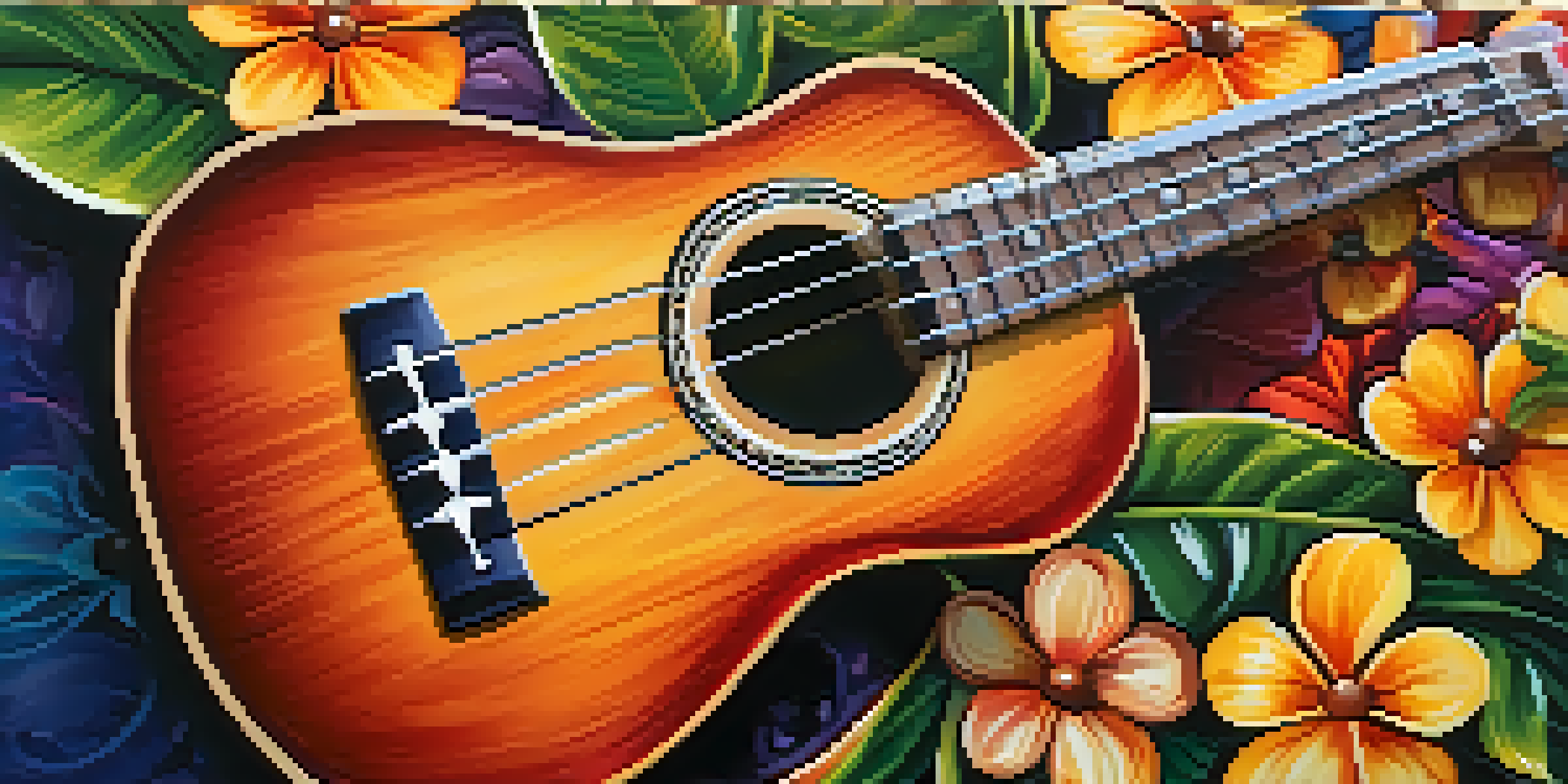 A close-up view of a painted ukulele with floral designs on a wooden surface, illuminated by sunlight.
