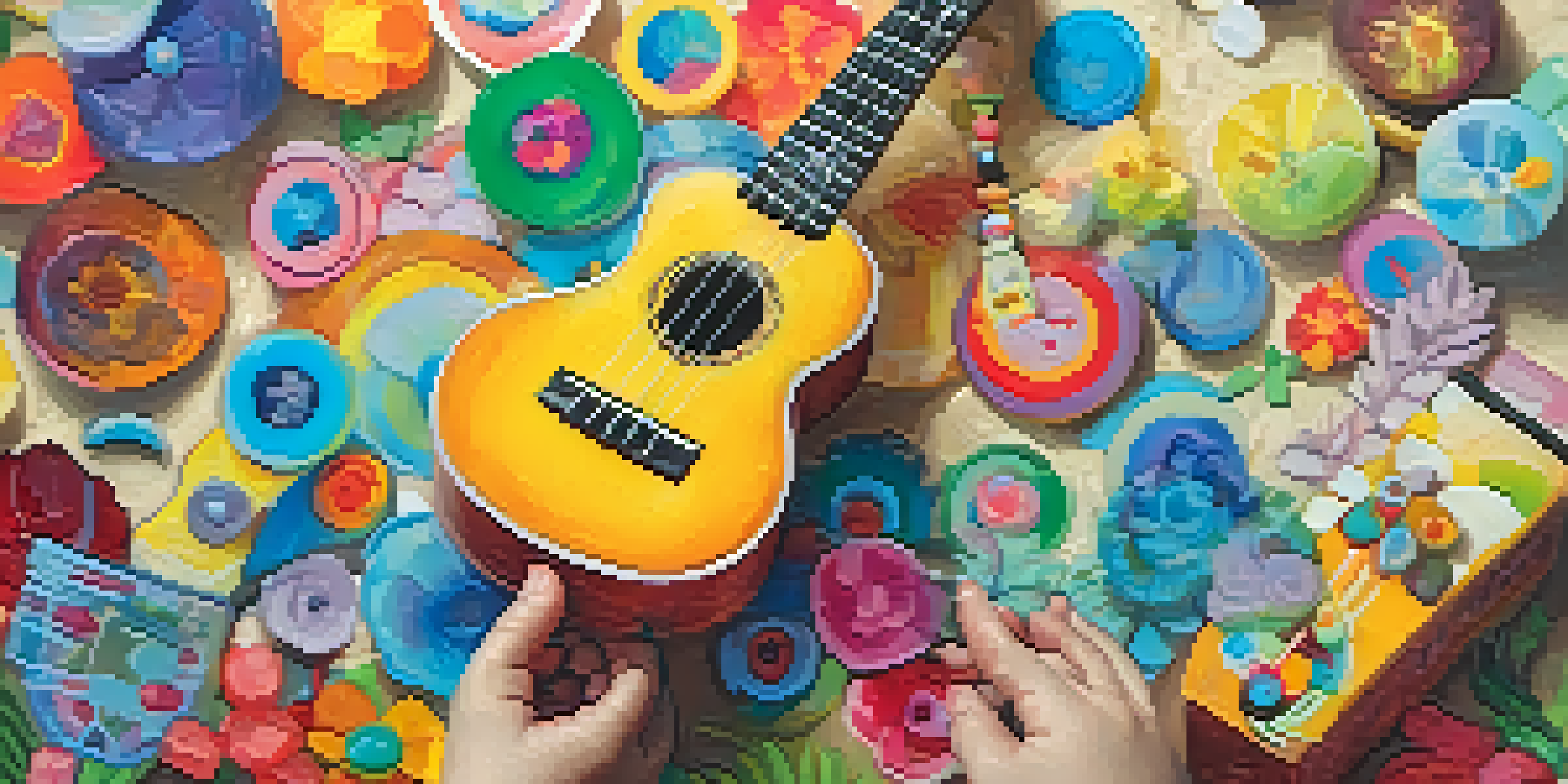 A child's hands strumming a colorful ukulele, showcasing the instrument's details and vibrant stickers.