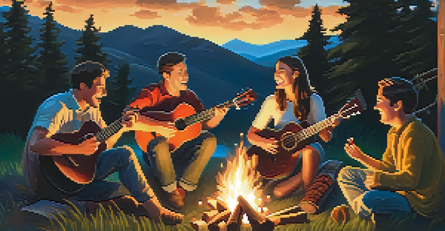A group of friends playing ukuleles around a campfire at night, with a starry sky above.