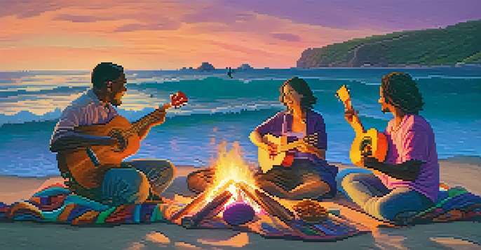 A group of diverse individuals gathered around a beach bonfire, playing ukuleles at sunset, with a vibrant sky and ocean waves in the background.