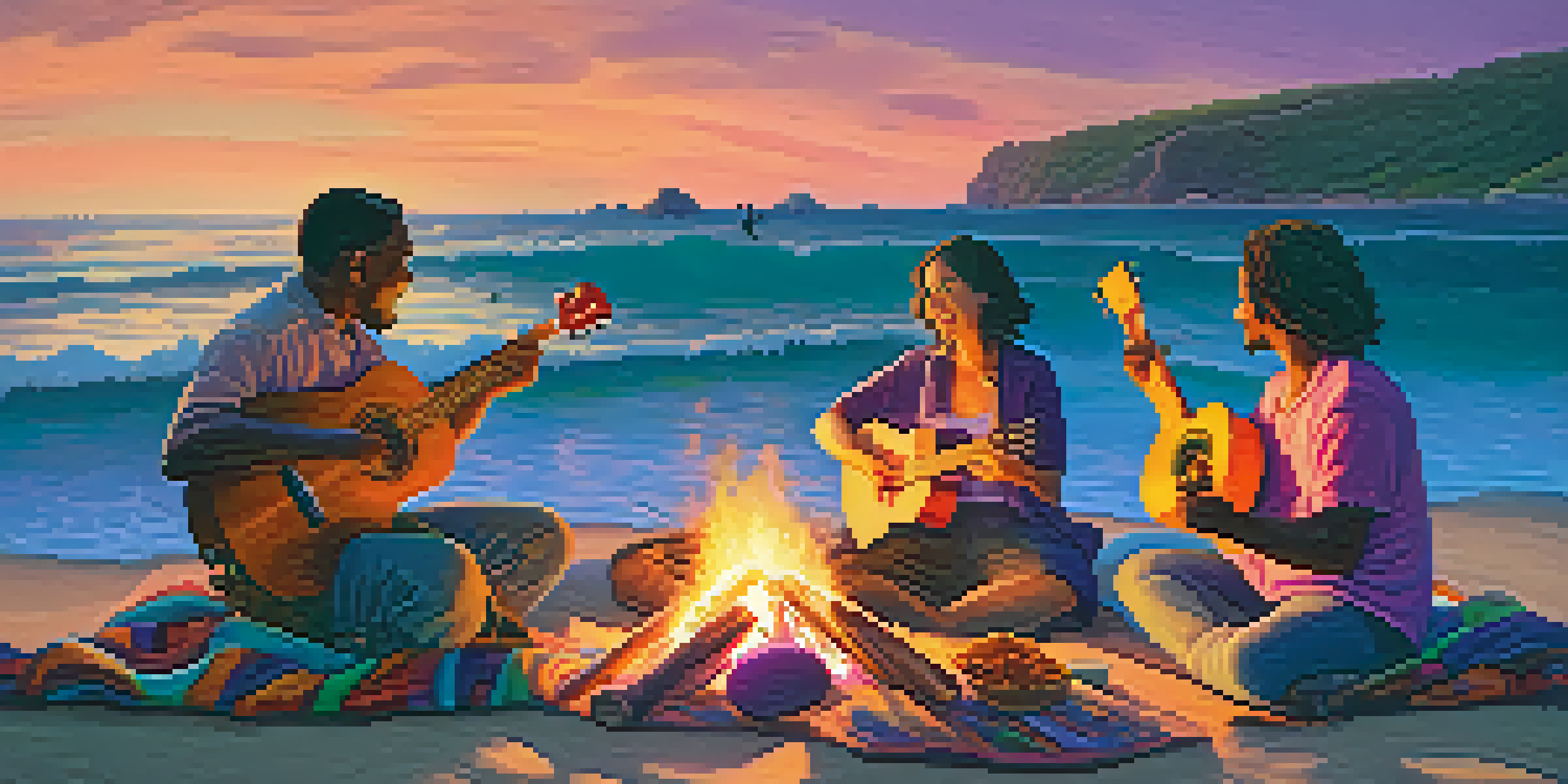 A group of diverse individuals gathered around a beach bonfire, playing ukuleles at sunset, with a vibrant sky and ocean waves in the background.