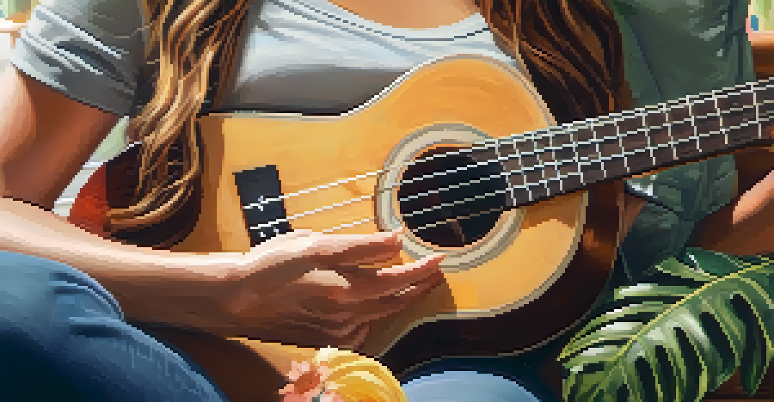 Hands strumming a ukulele with colorful chord overlays in a cozy living room.