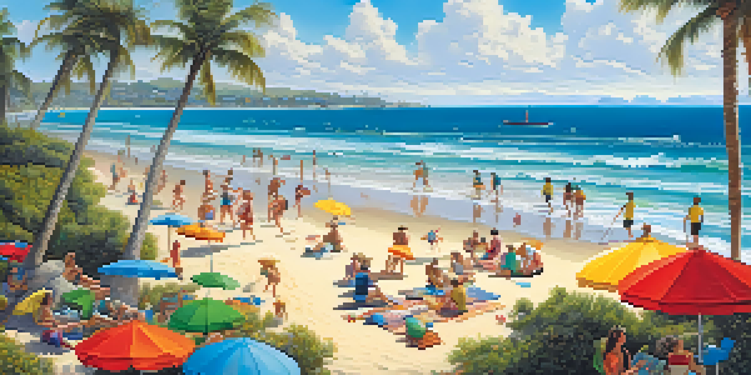 A lively beach scene with people playing ukulele, palm trees, and ocean waves.