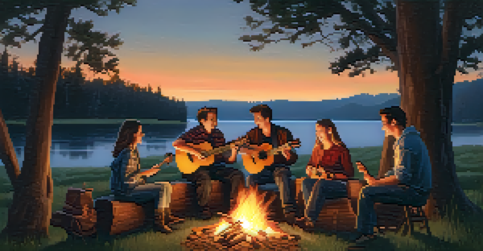 Friends playing ukuleles around a campfire at dusk, with a warm glow from the fire.