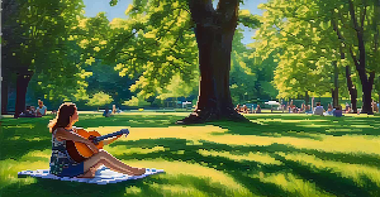A person playing the ukulele on a blanket in a sunny park, with friends relaxing on the grass and flowers blooming around.