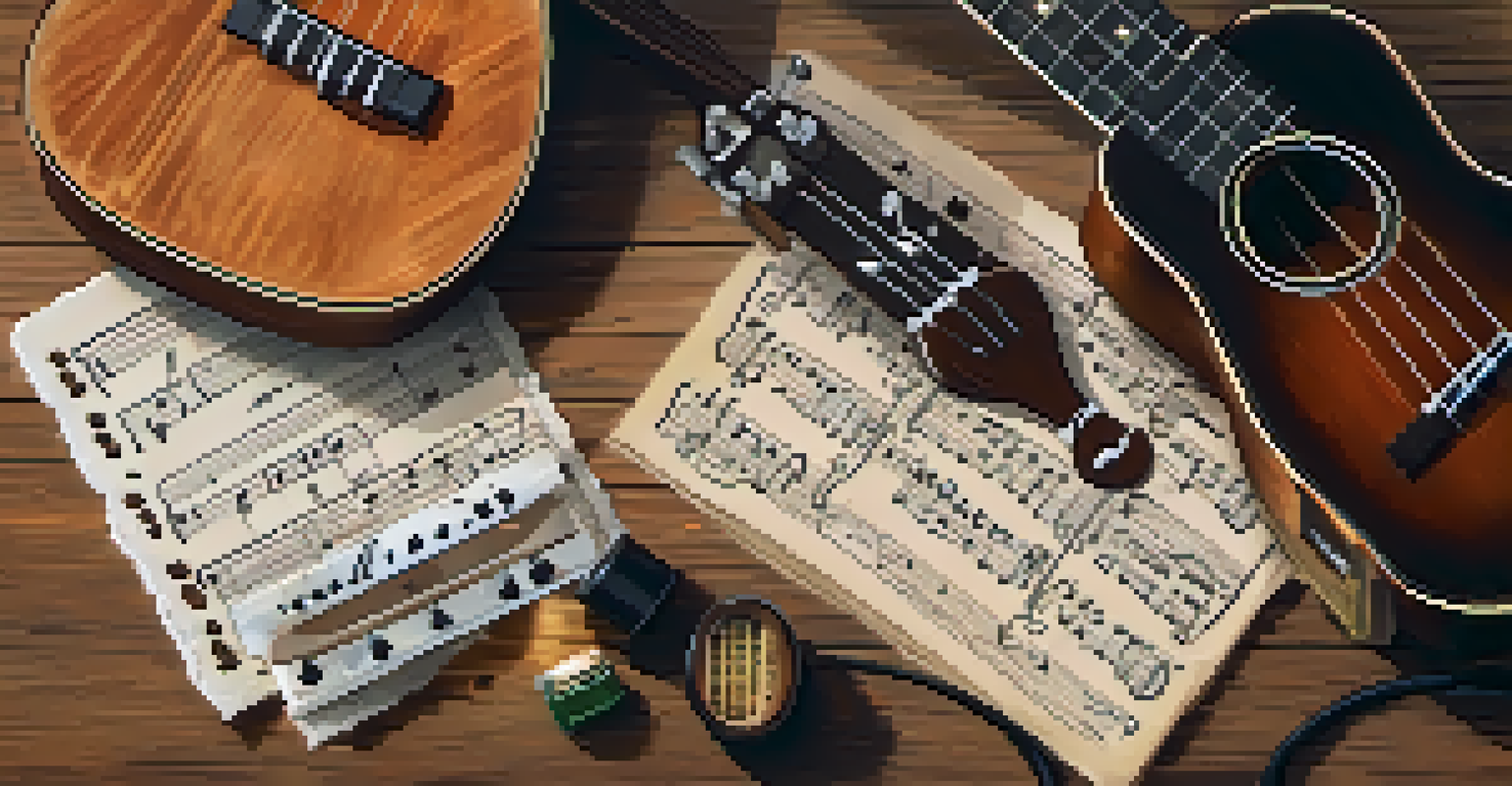 Flat lay of ukulele accessories on a vintage wooden surface, including tuner and sheet music.